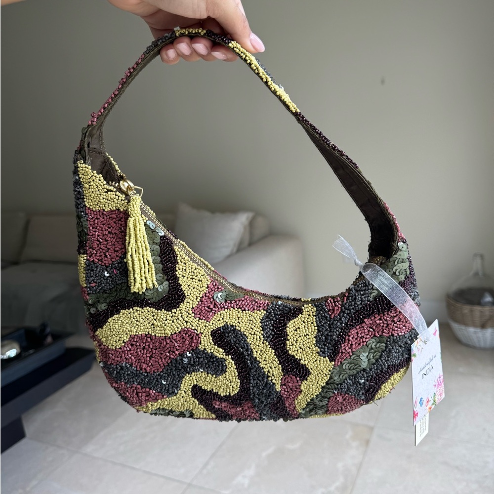 Handmade Camo Beaded Shoulder Bag – Tassel Zip | India Artisan